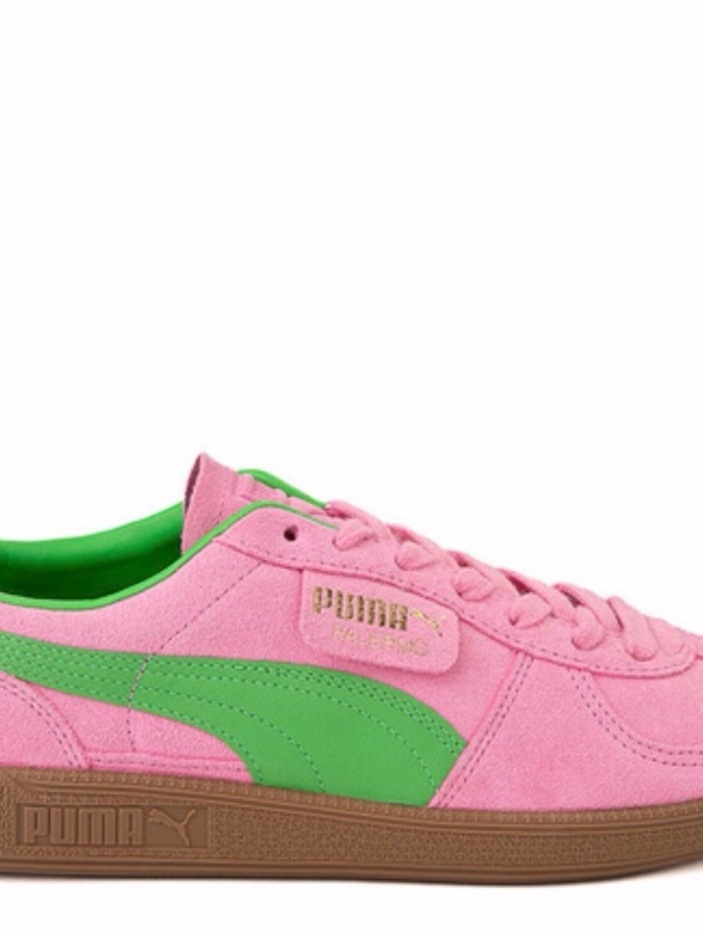 Puma Pink Suede Sneakers with Green Formstrip and Brown Gum Sole
